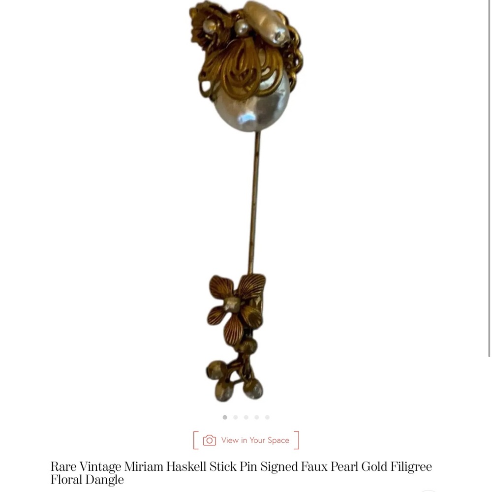 Miriam Haskell Gold Filigree Stick Pin with Pearl Accent